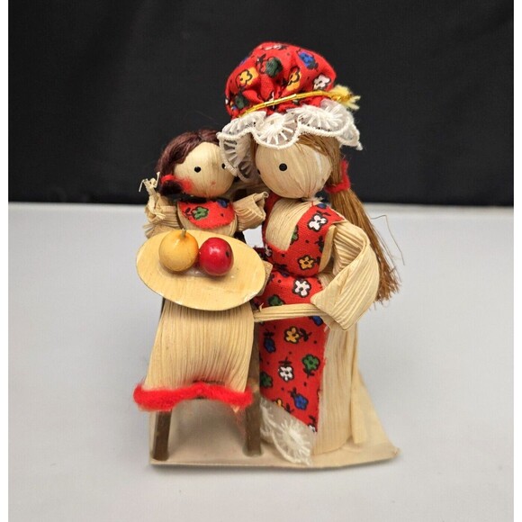 Vintage Handmade Corn Husk Doll Mother & Child in Wood High Chair Clothes 4.5" - Picture 3 of 12